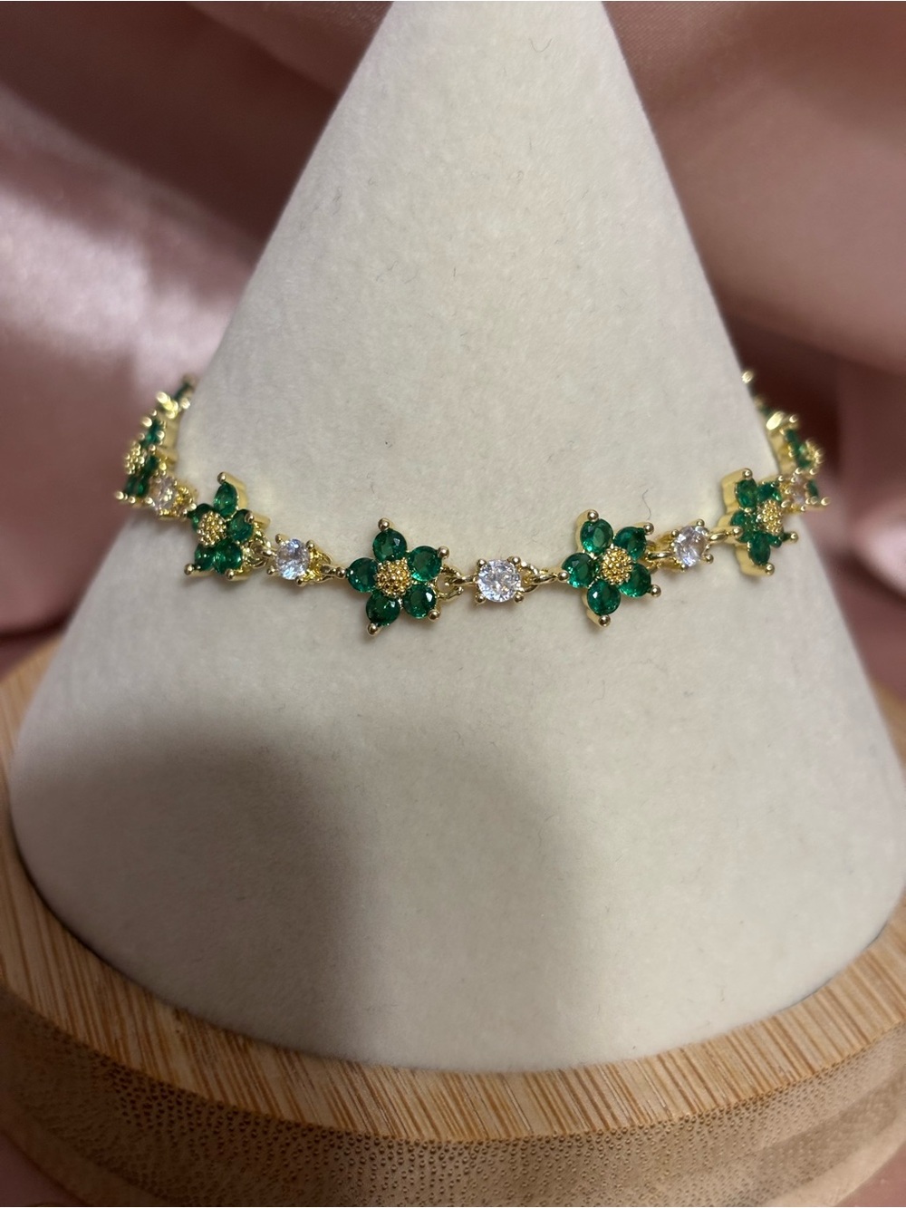 Gold-Plated Green Flower Tennis Bracelet with Clear Stones